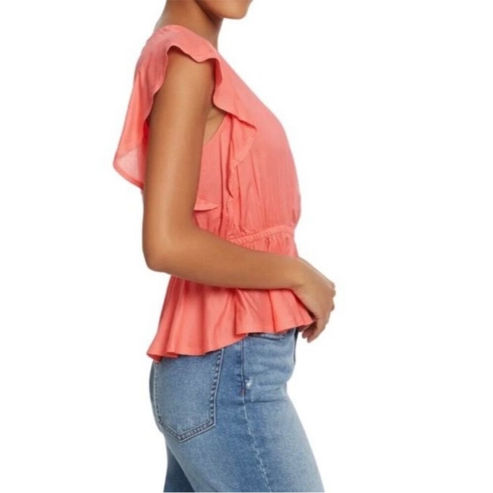 Sam Edelman Coral Gauze Peplum Top S Flutter Sleeve Romantic Boho Coastal - Picture 7 of 9